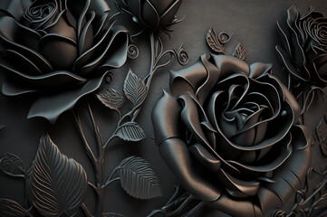 Steel black roses background. Modern decorative wrought iron elements of metal gates, metal flowers.