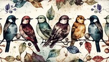  A Group Of Birds Sitting On Top Of A Branch With Leaves Around Them On A White Background With A Watercolor Painting Of Leaves And Branches.  Generative Ai