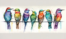  A Group Of Birds Sitting On A Wire With Paint Splattered On It's Sides And A White Wall Behind Them, With A White Background.  Generative Ai