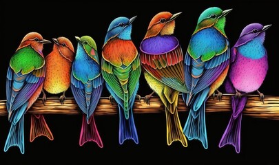 a group of birds sitting on top of a wooden branch in front of a black background with a rainbow col