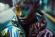 © ADDICTIVE STOCK - Generative AI illustration portrait of unemotional Asian woman with short dyed hair in fashionable holographic jacket and sunglasses standing on street