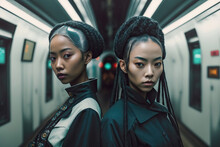 Generative AI Image Of Serious Stylish Asian Women In Trendy Black Clothes With Unusual Futuristic Hairstyles Standing Back To Back In Metro Train And Looking At Camera
