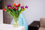 Fototapeta  - Spring tulip bouquet.  Holiday decor with flowers colorful tulips.