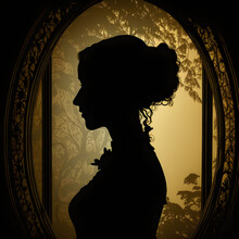 Silhouette Of A Woman In Victorian Era Behind A Glass Window