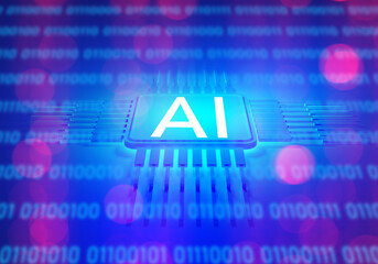 Poster - Ai logo. Artificial intelligence. Microprocessor with AI label. Concept of computing power for AI. Neural networks in computer technology. Artificial intelligence background. 3d image