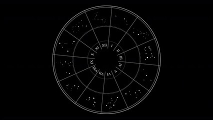 zodiac sign astronomy circle with individual symbols against black isolated background