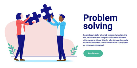 Aufkleber - problem solving - two business people connecting jigsaw puzzle pieces together. flat design vector i