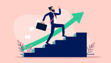 Businessman To The Top - Man Running Up Stairs With Green Arrow. Business And Career Climb And Growth Concept. Flat Design Vector Illustration