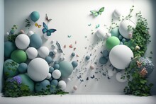Generative AI Of Colorful Balloons And Butterflies In A Room With Green Plants