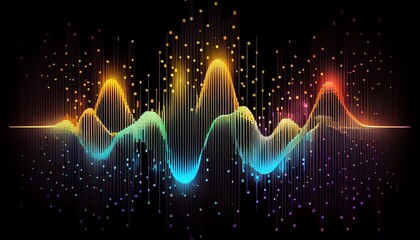 Poster - Abstract colorful sound wave on black background. Generative AI illustration.
