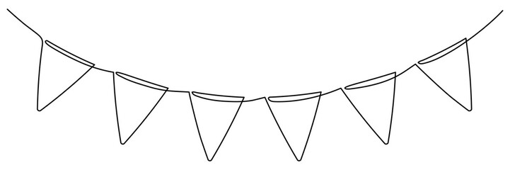continuous line art drawing buntings garland. celebration party hand drawn flags. vector linear illu
