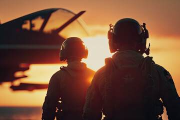 Wall Mural - Military pilots near jet fighter at sunset. Military aviation. Created with Generative AI