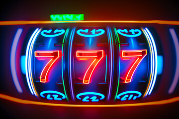 Slot machine neon blue red light 777 jackpot, casino. Generative AI technology.