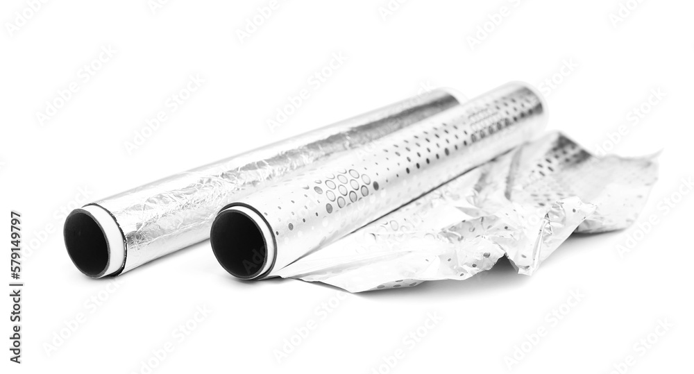 Rolls of aluminium foil on white background