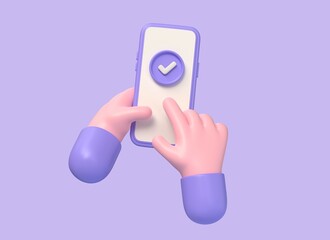 3d mobile phone with a check mark on the screen in the hand of a cartoon character. character finger. Job done, payment made. Business concept. Isolated illustration on purple background. 3D rendering