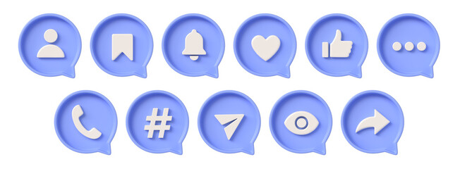 Poster - 3d social media notification icons. Like, comment, subscribe and view buttons. Vector icons of bubbles in different sizes for social networks.