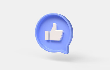 Poster - 3d thumbs up notification icon on blue speech bubble. design element for social networks. illustration isolated on white background. 3d rendering