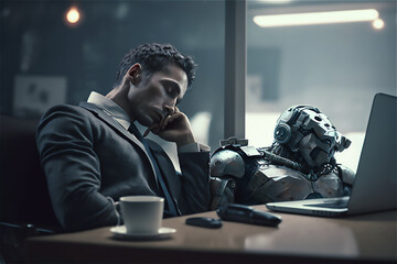 Aufkleber - Man and robots cooperation. Businessman tired sleeping on working table while robot cyborg keep working on laptop in office. Generative ai.