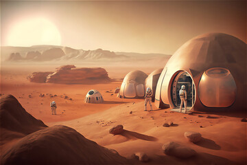 Human colony on mars futuristic concept of Colonization planet Mars. astronauts and Base Camp. Generative ai