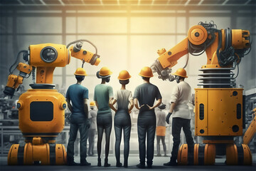 Aufkleber - relationship between humans and robots in an industrial building. Robotic machines work while workers monitor and direct. Generative ai