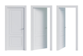 set of three opening options of isolated white wooden doors. the door closed, the door open 35°, doo