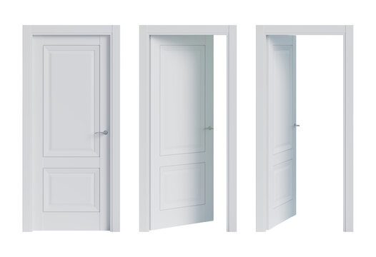 set of three opening options of isolated white wooden doors. the door closed, the door open 35°, doo