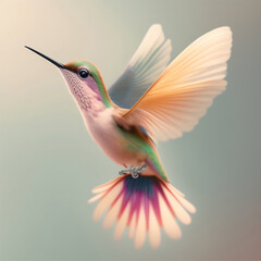 Wall Mural - Generative AI: pink hummingbird flying on a neutral background