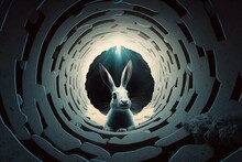 A White Rabbit Looks Into Its Burrow Hole To See How Deep It Is .Ai Generated.