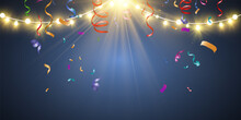 Christmas Bright, Beautiful Lights, Design Elements. Glowing Lights For Design Of Xmas Greeting Cards. Garlands, Light Christmas Decorations.	