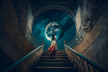 Girl In A Dress Climbs The Stairs In The Building To The Roof To The Round Window With The Moon. Generative AI