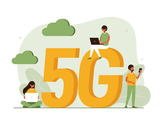 Poster - Concept of 5G mobile network, wireless Internet connection technology. Wifi illustration. People use device to connect Internet network Modern colorful flat vector illustration for poster, banner.