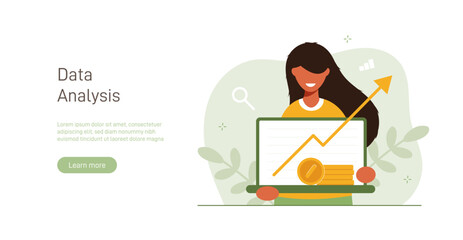 Poster - Analyst looks graph of earnings growth. Marketing data analysis. Business profit report. Successful investment of capital or money. Modern flat colorful vector illustration for banner, poster.