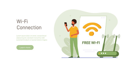 Poster - Concept of mobile network, wireless Internet connection technology. Wifi illustration. People use device to connect Internet network Modern colorful flat vector illustration for poster, banner.