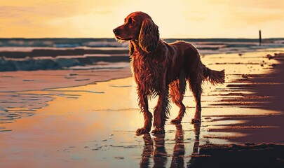 Poster -  a painting of a dog standing on a beach at sunset.  generative ai