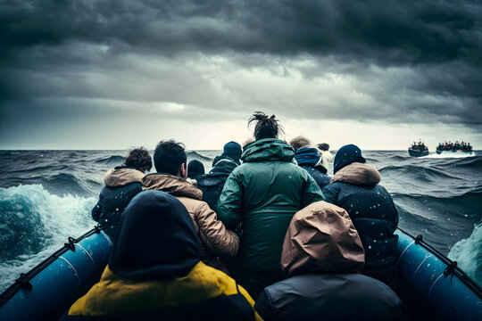 crowd of people of illegal migrants crosses the state border across the sea in a crowded boat, a dan