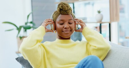 Poster - Black woman, headphones and listening to music, peace and content at home, relax with radio or podcast. Streaming, wireless and technology with young female in living room, dance and enjoy playlist