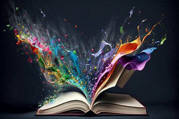 Open book with colors flying out of it, Open Book, Colors, Flying, Art, Illustration, generative ai, Creativity, Imagination, Inspiration, Education, Learning, Literature, Reading, Storytelling, 