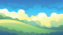 Horizontal Rural Morning Landscape. Bright Green Hills On Curly Clouds On Sky Background.