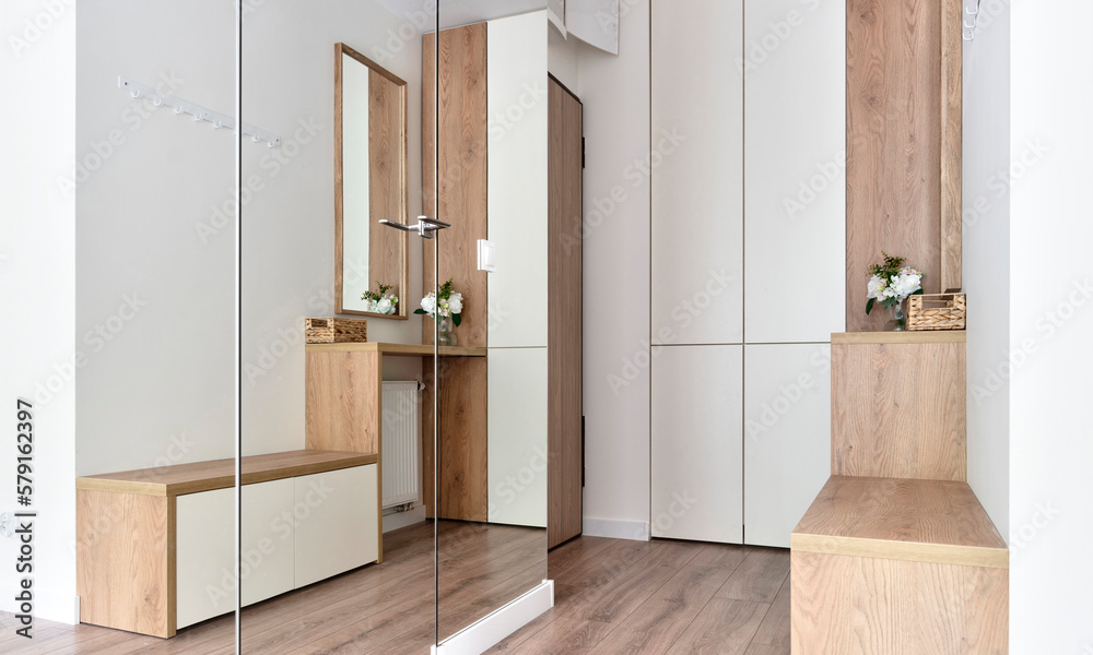Interior of hallway with mirror, glass doors and wooden floor ...