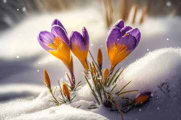 Wall Mural - spring flowers crocus blossom on  melt snow