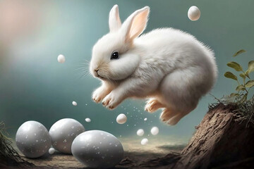 Wall Mural - happy white Easter bunny jumping with joy with many Easter eggs