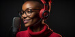Young african american woman in red t-shirt, radio host with headphones and microphone, portrait. Generative AI	