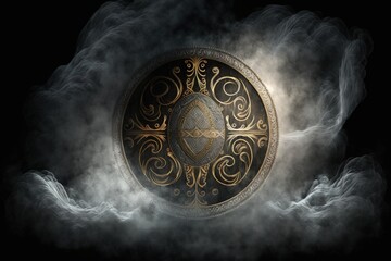 Illustration of wooden viking shield and metal ornaments, black background with fog. Generative AI