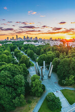 Sunset Over Green Park And Warsaw City Center, Aerial Landscape