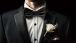 Man in tuxedo and bow tie. Groom in suit, bow tie and elegant boutonniere. banner with copy space for text. digital ai art
