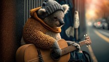 A Charismatic Koala Dressed In A Hipster Beanie And Scarf, Playing An Acoustic Guitar On A Bustling Street Corner. The Mood Is Laid-back And Cool, Yellows In The Color Palette. Generative Ai