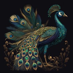 Wall Mural - A colorful and vibrant peacock made up of a mix of intricate patterns and geometric shapes in shades of blue, green, and gold against a rich black background. The mood is exotic and generative ai