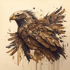 Wall Mural - A majestic eagle rendered in bold geometric shapes and patterns in shades of brown and gold against a textured beige background. The mood is powerful and awe-inspiring, conveying generative ai