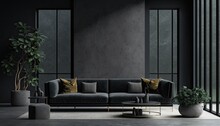 A Modern Luxury Living Room With A Black Sofa, Paired With A Dark Concrete Wall That Offers A Sleek And Contemporary Vibe. Generative Ai
