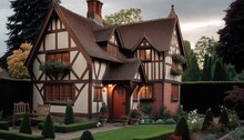 A Tudor-style House With Exposed Timber Beams, Steeply Pitched Roofs, And A Warm Color Scheme Of Reds, Browns, And Oranges. The Scene Is Set In A Quaint English Village, Generative Ai
